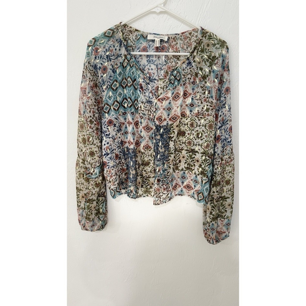 Haver + Blair London Boho Patchwork Metallic Shimmer Blouse Multi Color Medium